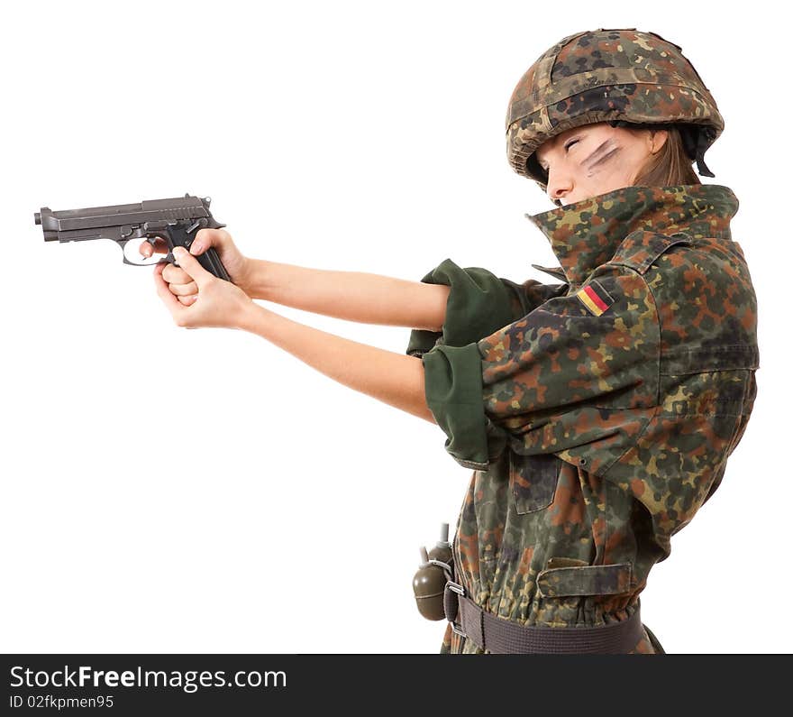 Military woman aiming isolated over white background