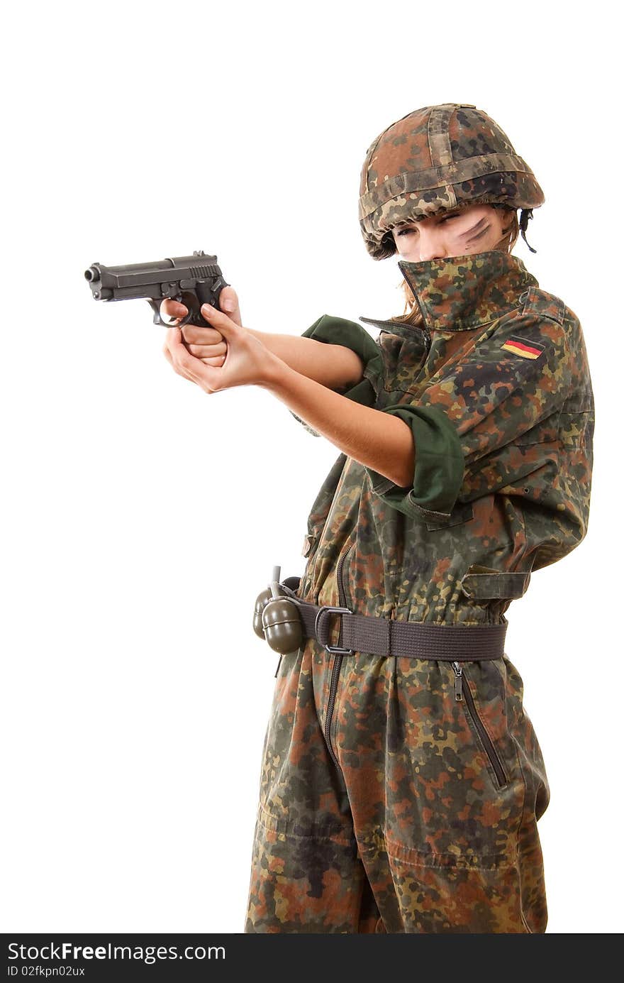 Military woman aiming isolated over white background