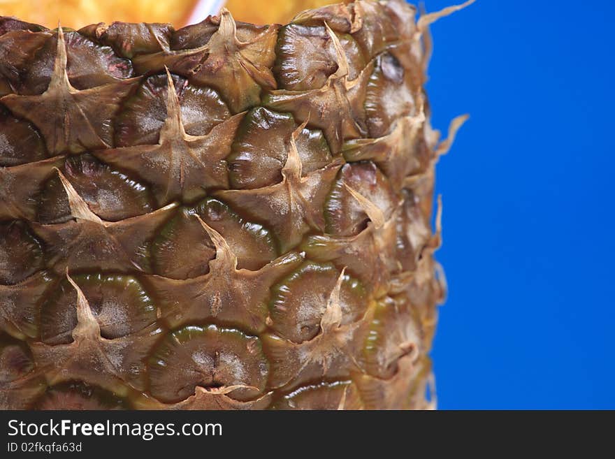 Abstract pineapple texture close up macro photo on sky blue. Focus on a forward plane of pineapple