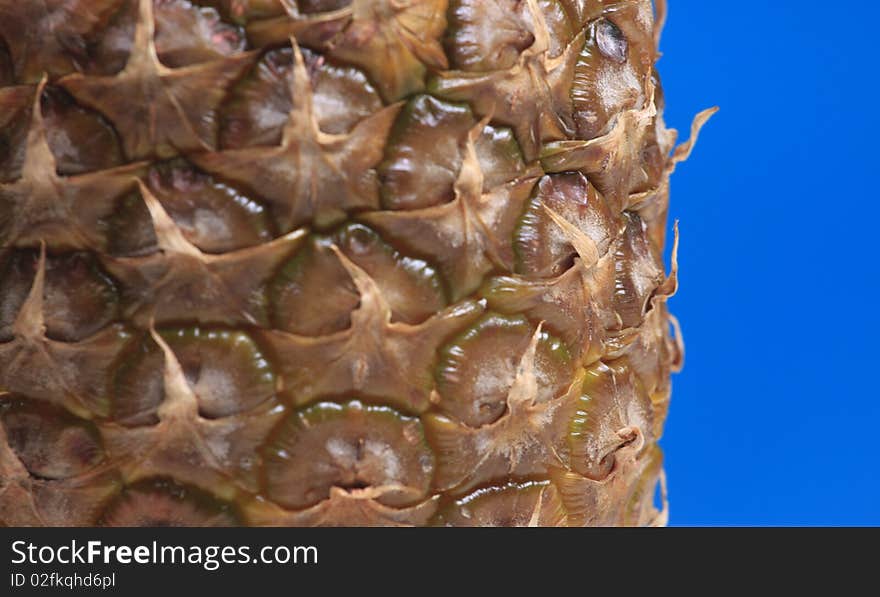 Abstract pineapple texture close up macro photo on blue. Focus on a back plane of pineapple