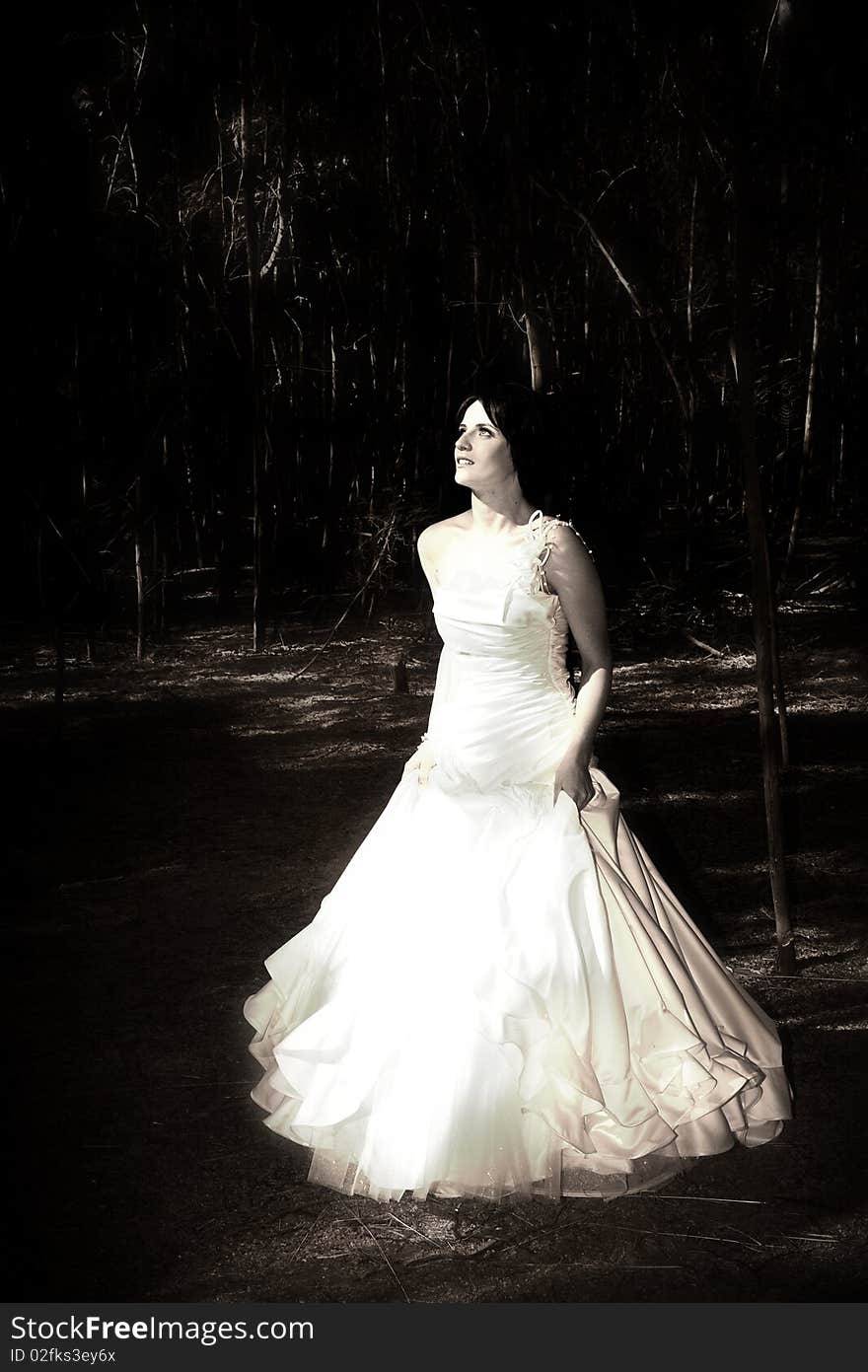 Beautiful brunette bride with short hair and white gown