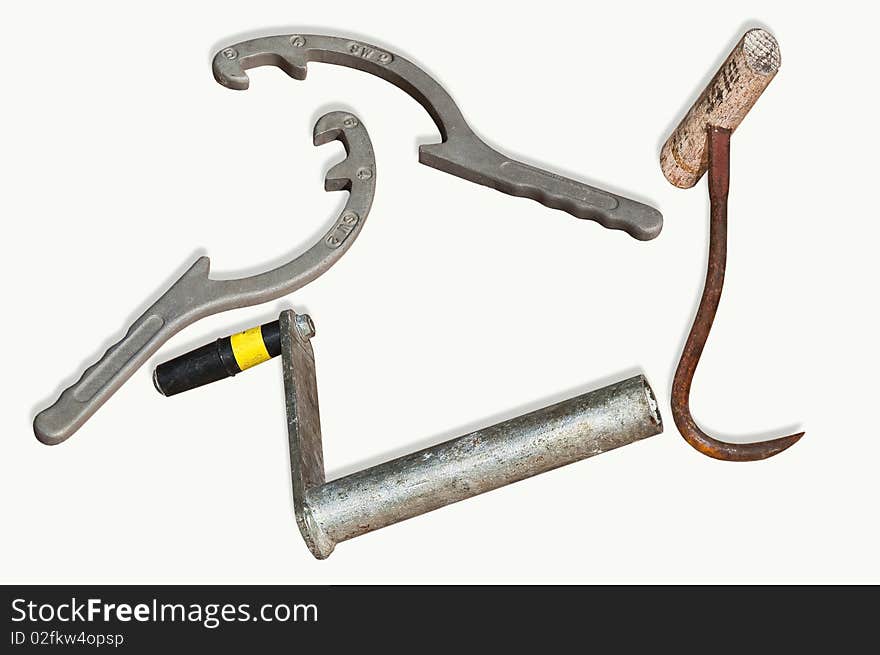 5-inch hose spanners, booster line crank and hay hook. 5-inch hose spanners, booster line crank and hay hook