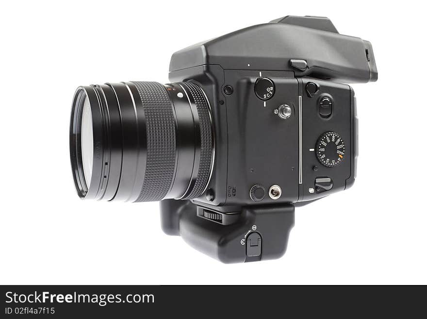 Angle view of professional black medium format camera and lens. All brand information has been digitally removed.