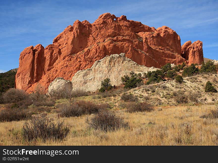 Striking red rock sandstone formation in Garden of the Gods in Colorado. Striking red rock sandstone formation in Garden of the Gods in Colorado.