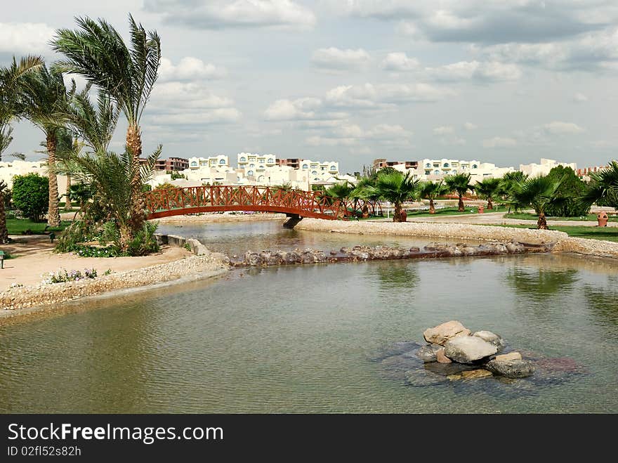 View at lake in summer resort