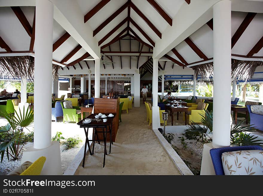 Restaurant dining area at tropical resort. Restaurant dining area at tropical resort