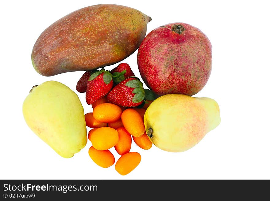 Various fruits, isolated on a white background.