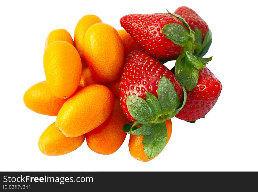 Fruit - strawberries and kumquat, isolated on a white background.