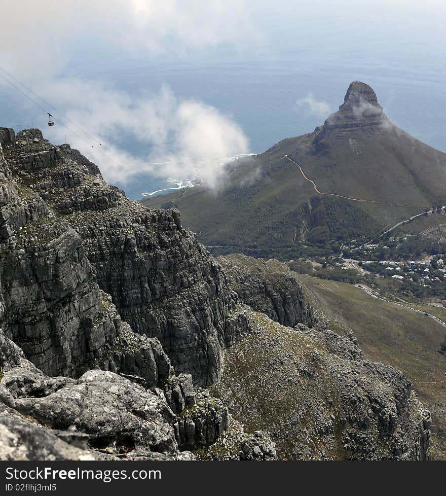 A panoramic view of Lions Head, the cable car and Signal Hill in Cape Town, South Africa, as seen from the top of Table Mountain