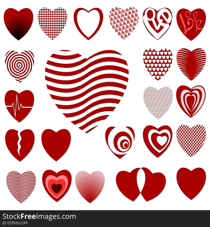 Lots of stylised hearts with various designs. Lots of stylised hearts with various designs