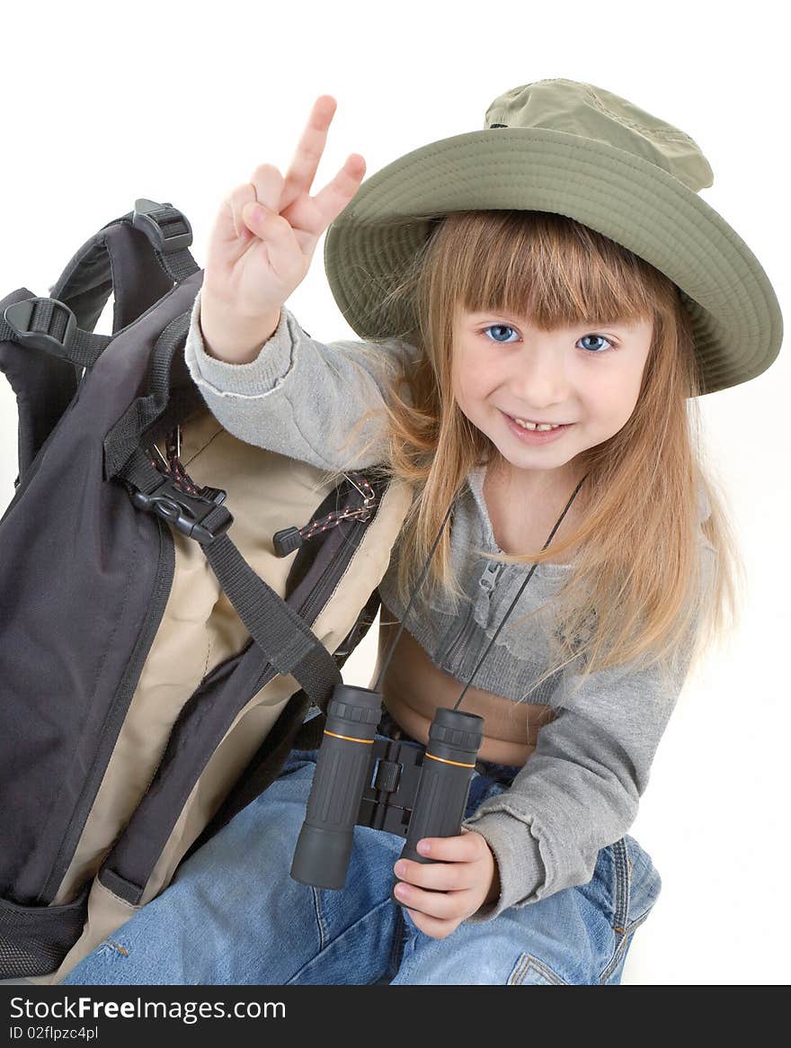 Friendly girl - tourist  in walking clothing on white. Friendly girl - tourist  in walking clothing on white