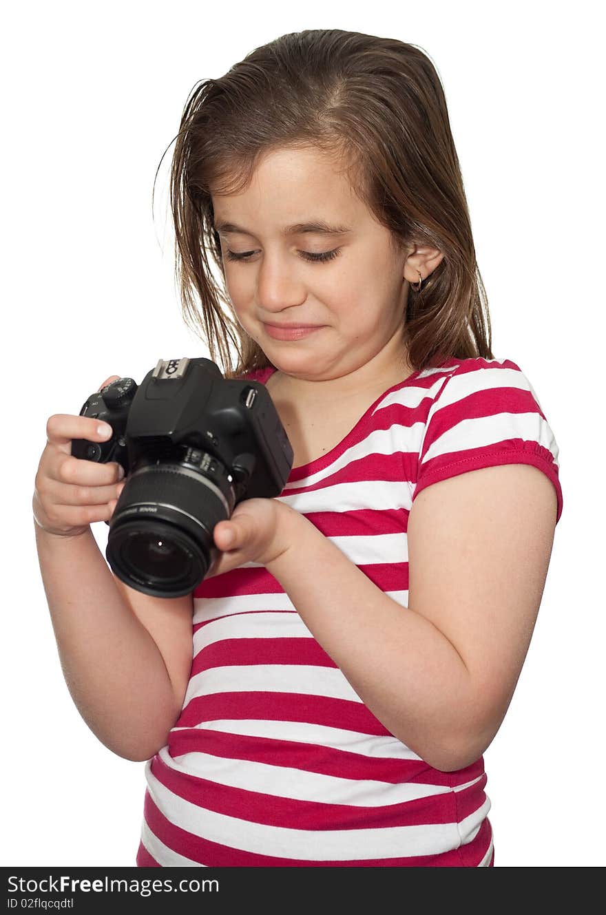 Girl looking at a camera isolated on white