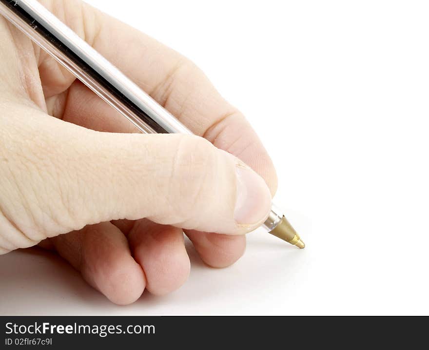 Hand with a pen on white background