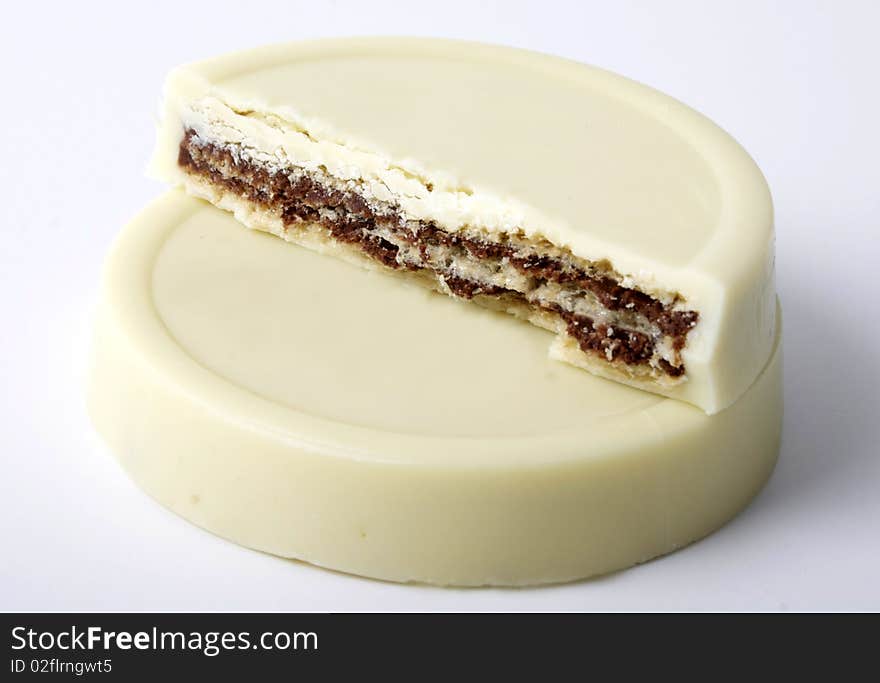 Delicatessen made of white chocolate biscuit