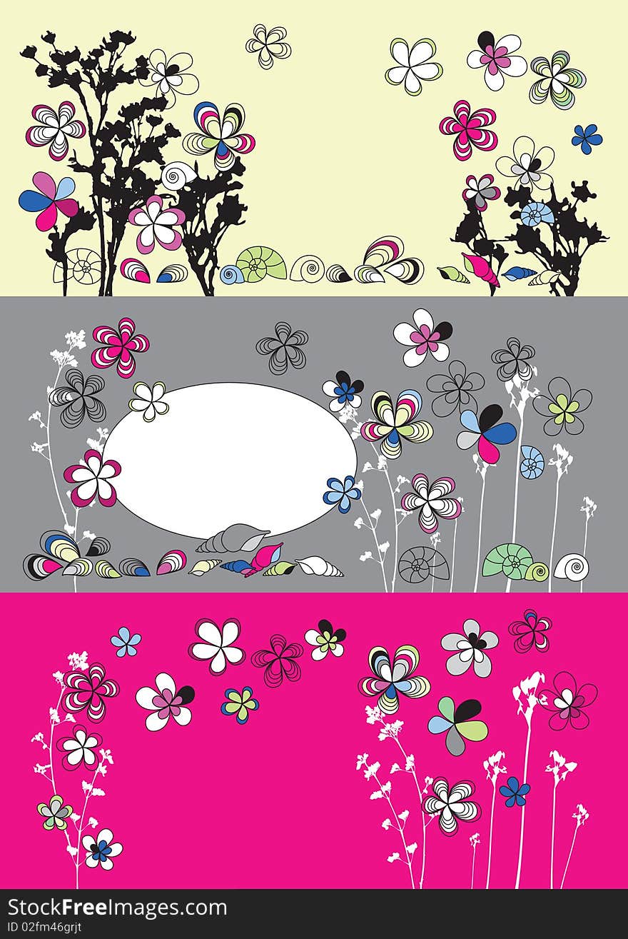 Graphic set with flowers drawing and shells