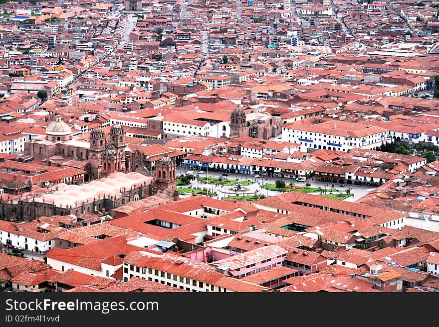 The city of Cuzco Peru with Plaza de Armsa in the middle