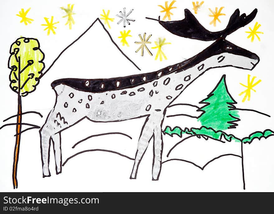 Deer in the winter forest. Children's drawing.