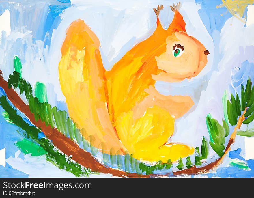 Squirrel on a branch. Children's drawing.