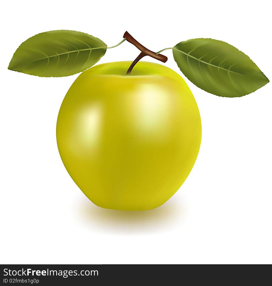 Green apple with leaves.