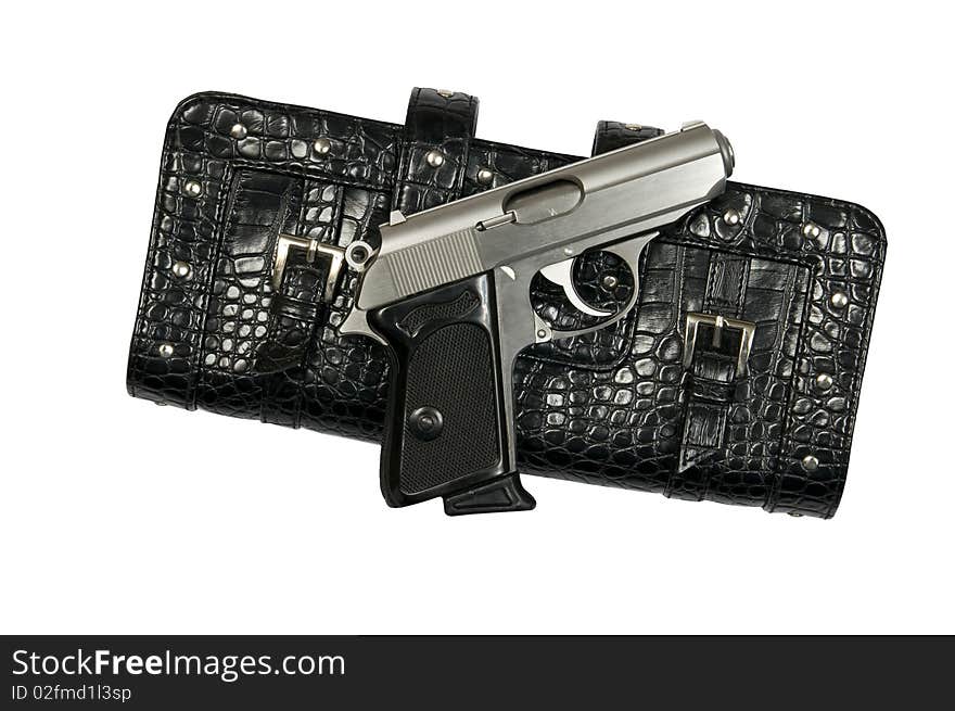 Silver Gun and Black Clutch Purse