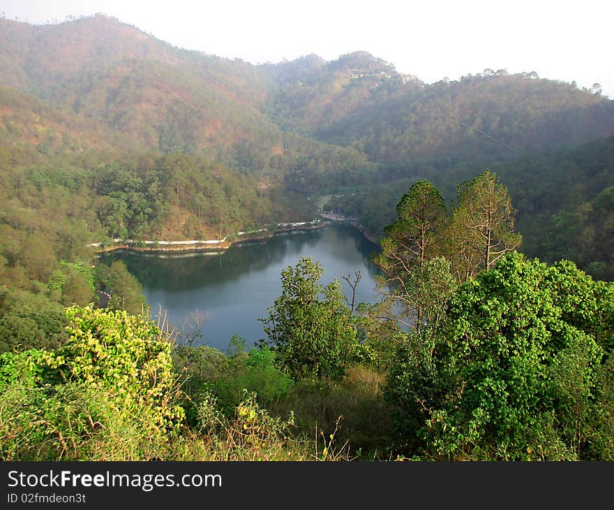 Forest surrouding lake in hills. Forest surrouding lake in hills