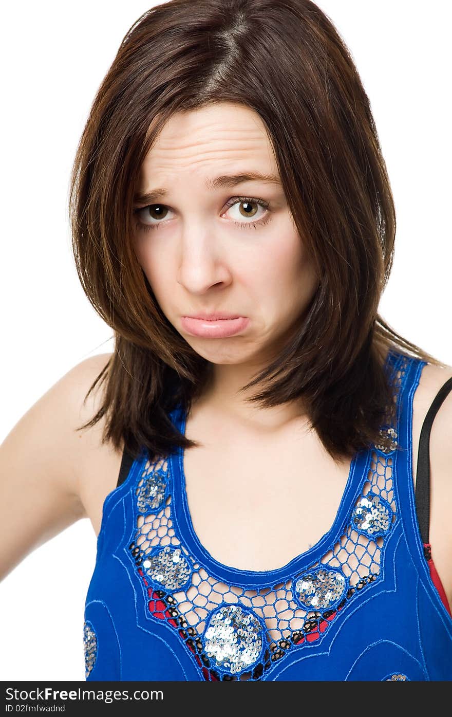 Unhappy young woman isolated on white background