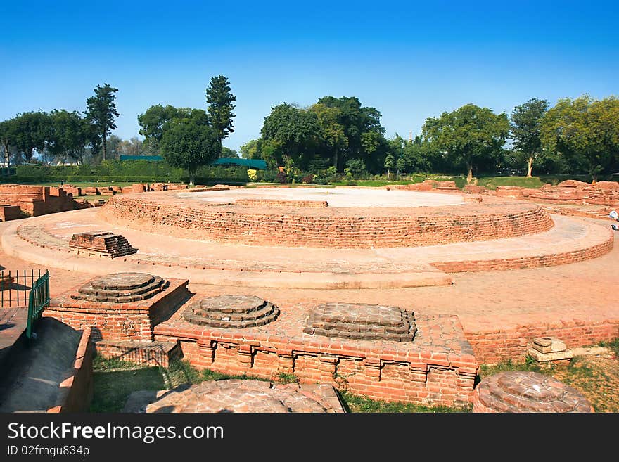 Buddhist ruins dates to the 5th century AD,  where the Buddha preached his first sermon near  Dhanekh Stupa in Sarnath, India