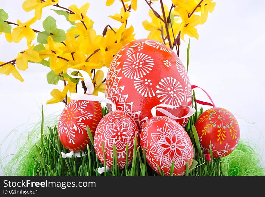 Hand painted czech easter eggs in fresh green grass