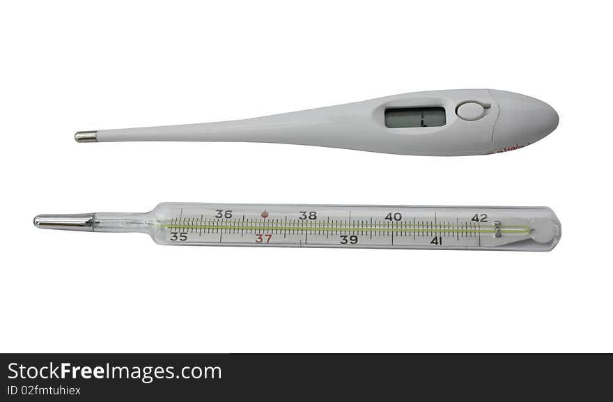 Two thermometer on white background. Mercury and electronic.