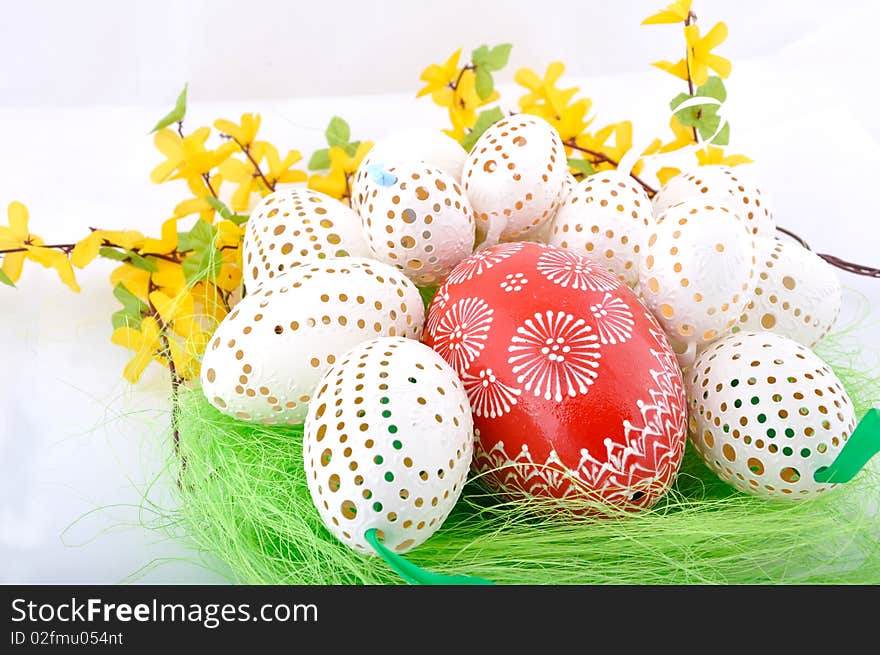 Hand painted czech easter eggs in fresh green grass