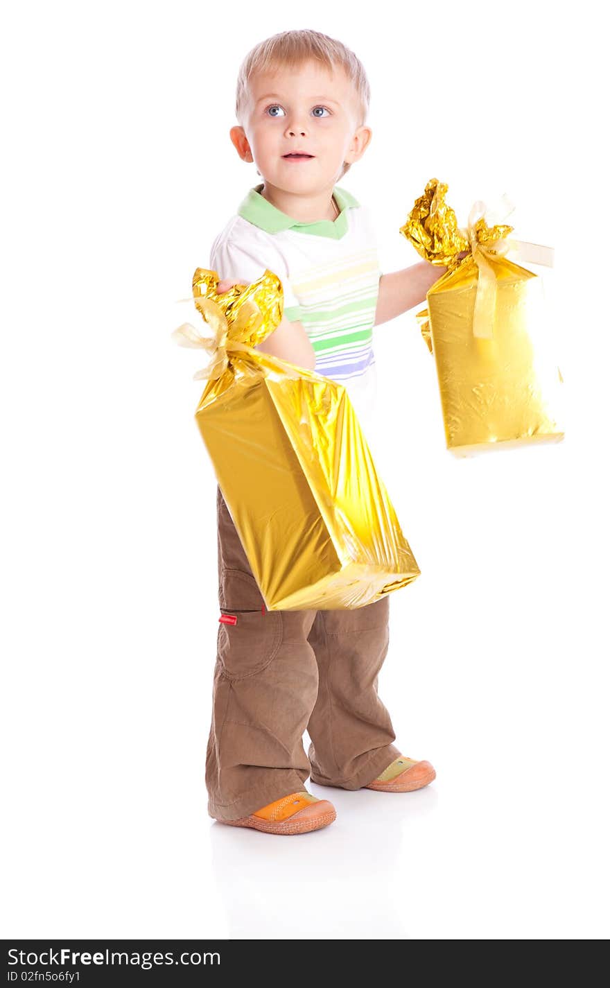 Child with gifts. Isolated on white background