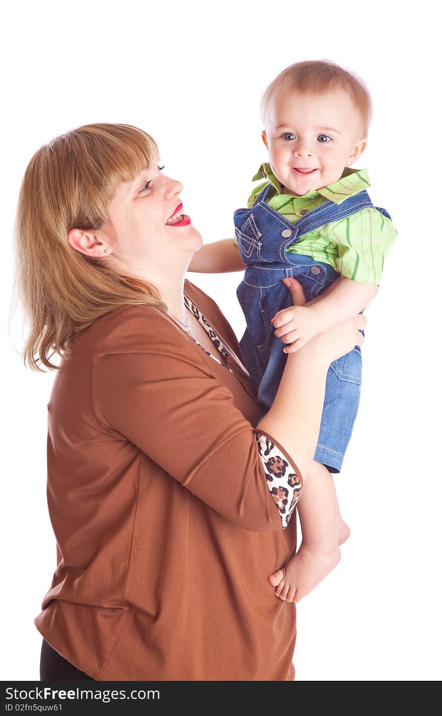 Mother and son. Isolated on white background