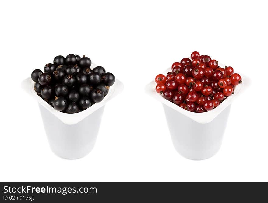 Two plastic yogurt containers with black and red currant isolated on white. Two plastic yogurt containers with black and red currant isolated on white