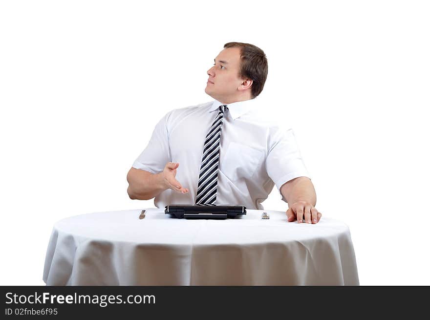 Businessman is complaing about notebook by lunch. Businessman is complaing about notebook by lunch