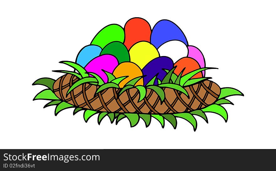 Coloured drawing of eggs in the basket under set by grass. Coloured drawing of eggs in the basket under set by grass.