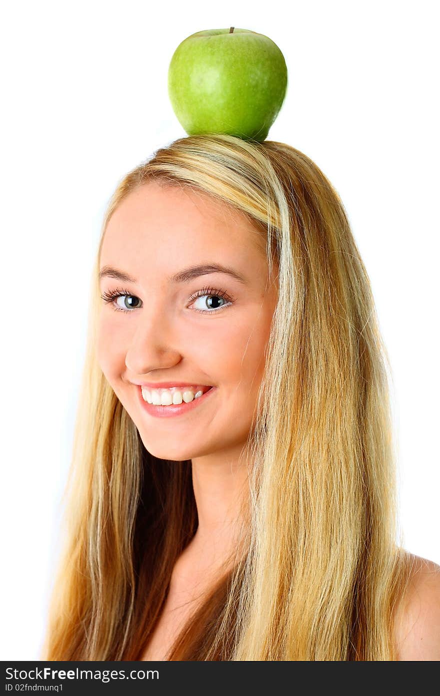 Woman with green apple.