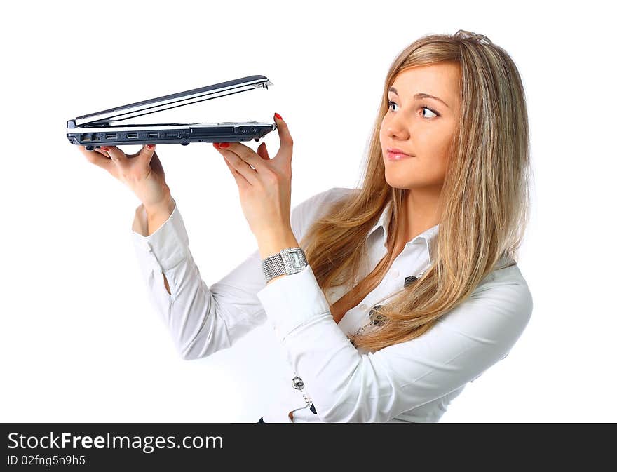 Business woman with laptop isolated on a white background