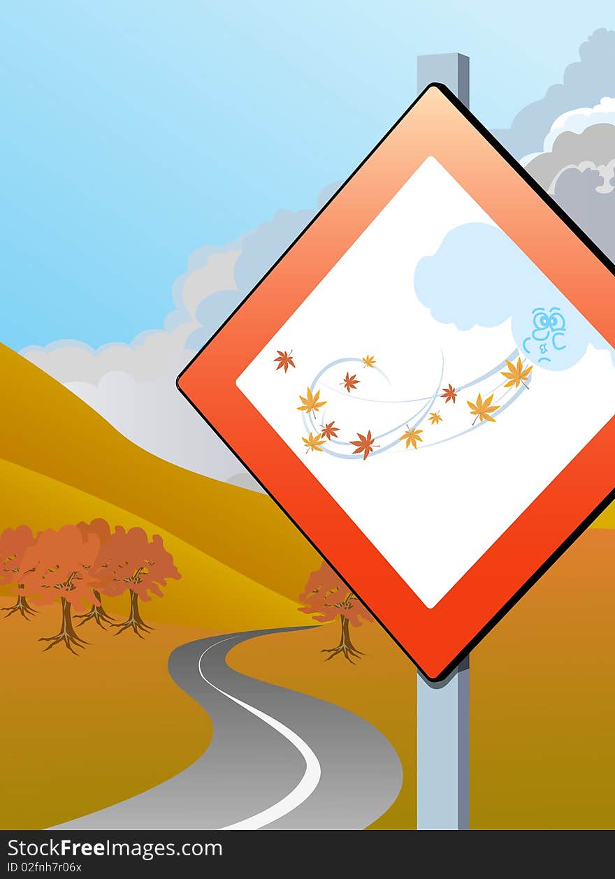 Rappresentation of a road sign with depicted a cloud blowing violently and that indicating the arrival of autumn. Rappresentation of a road sign with depicted a cloud blowing violently and that indicating the arrival of autumn.