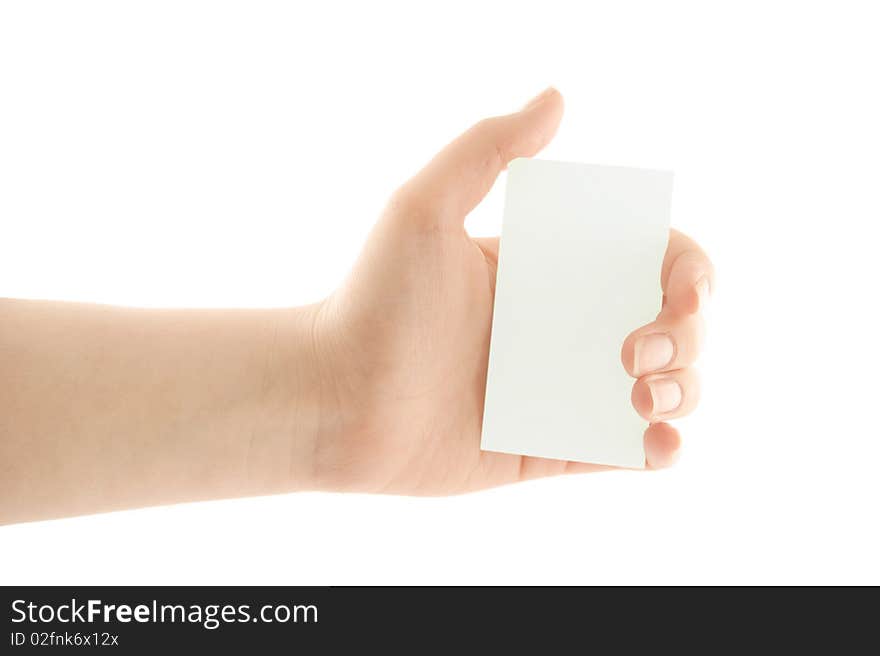 Hand holding a blank business card.