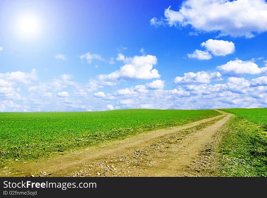 Green field and blue sky conceptual image.