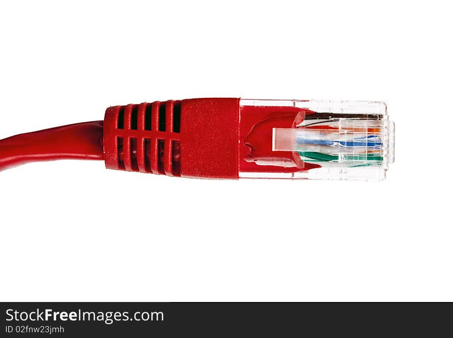 Red network plug on white background