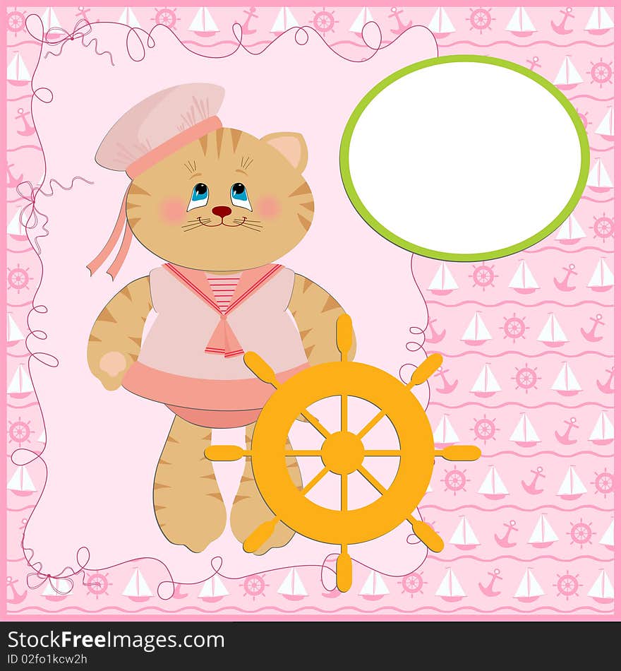 Baby's postcard with sailor cat in pink colors