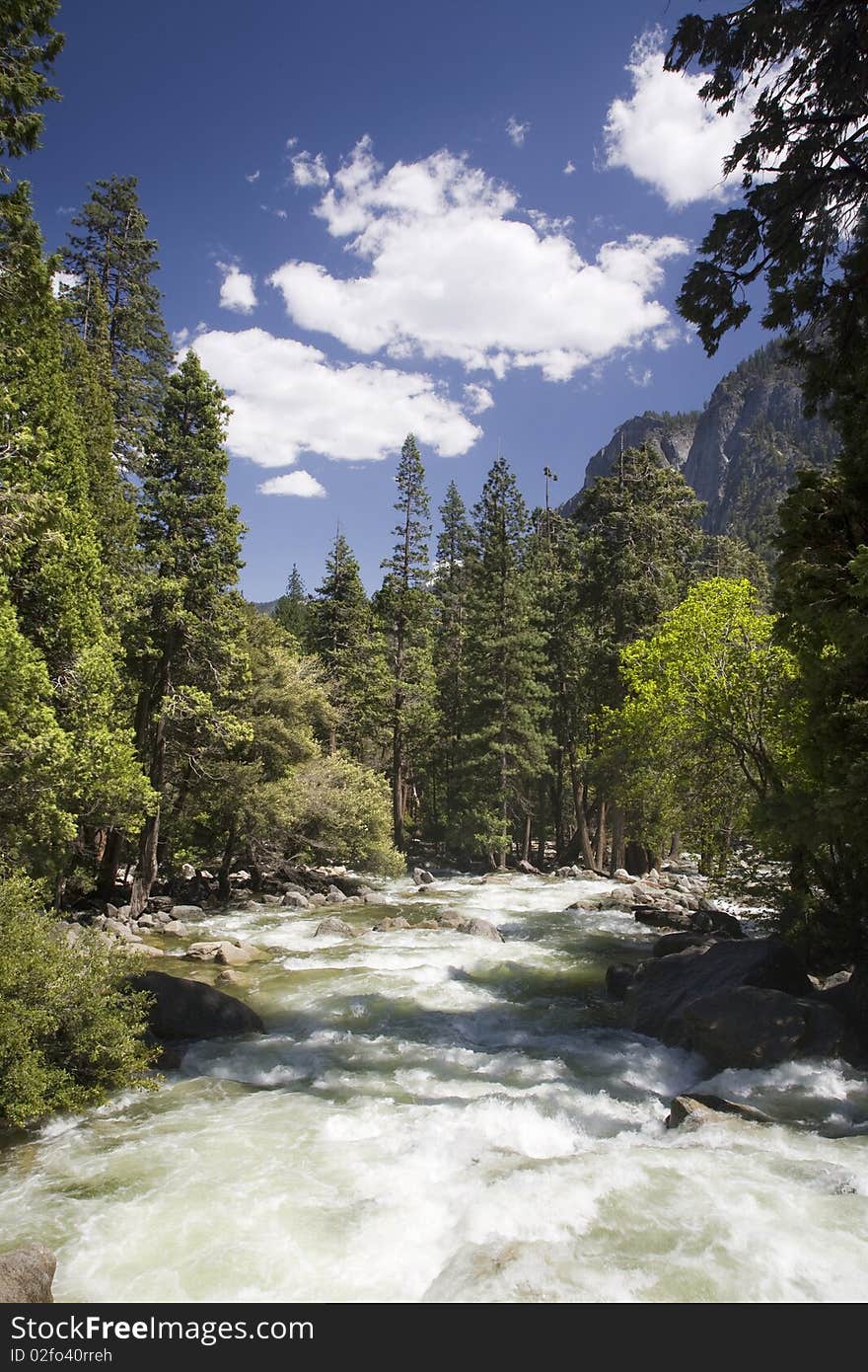 The Merced River flowing through Yosemite Valley with blue sky