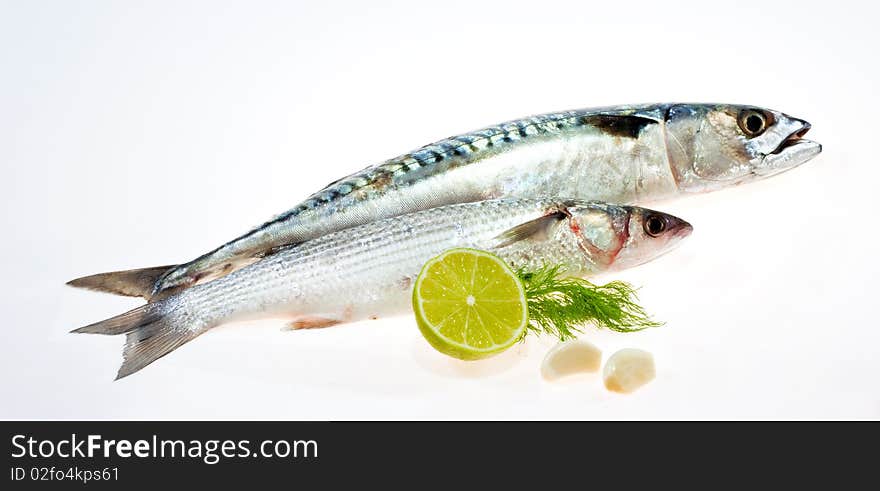 Mackerel and mullet with garlic and lemon isolated on a white background