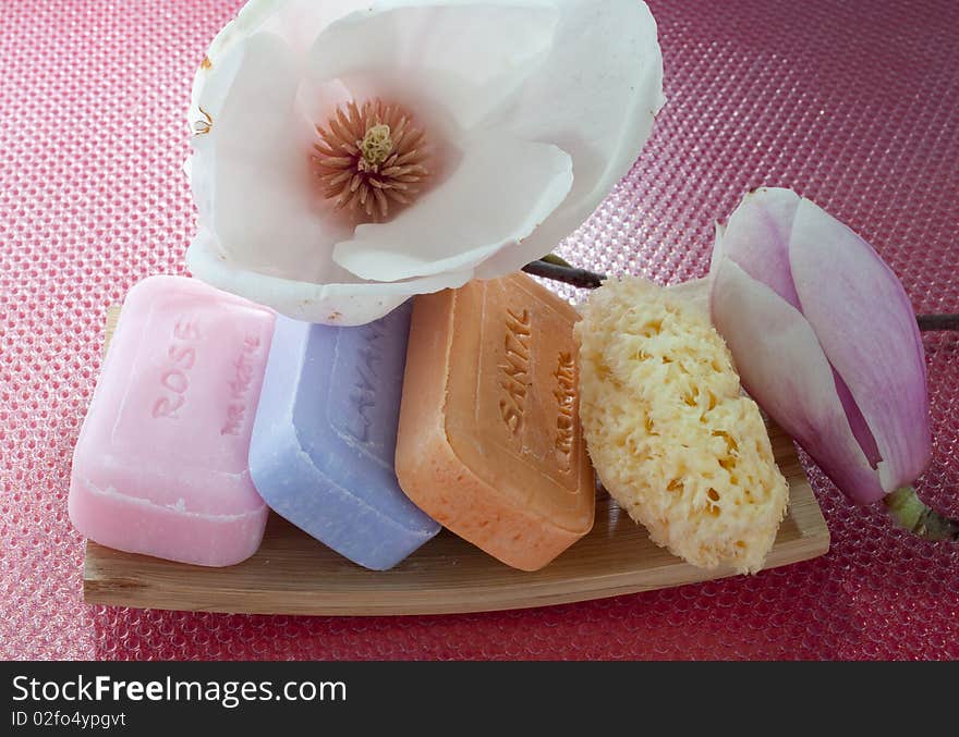 Soaps, flower and sponges