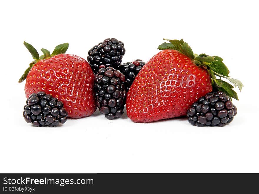 Strawberries and Blackberries on White Background