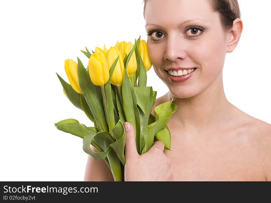 Pretty young woman portrait with yellow tulips. Portrait of beautiful woman before spa treatment. Beautiful female with white tulip. Pretty young woman portrait with yellow tulips. Portrait of beautiful woman before spa treatment. Beautiful female with white tulip