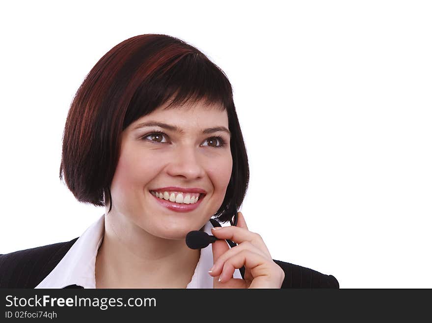 Telephone operator. Beautiful Customer Representative girl with headset. Woman with headset