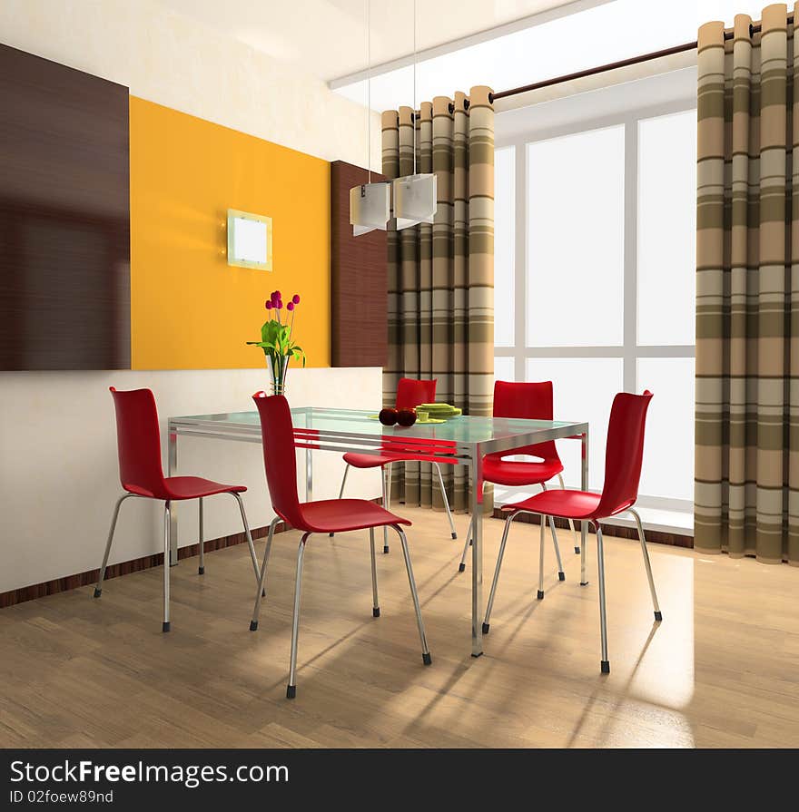 Interior of the room with table and red chair