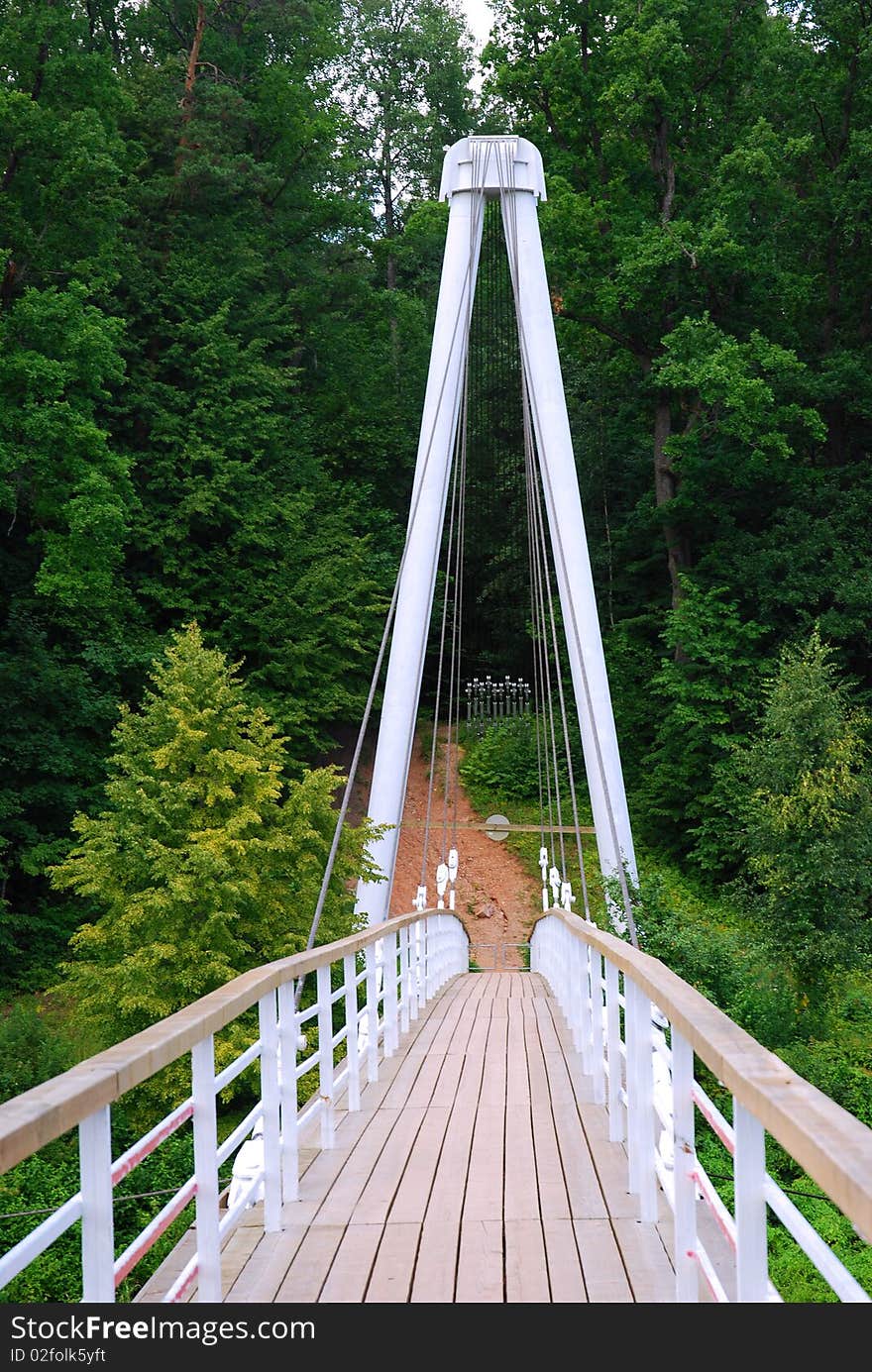 The hanging footbridge over Gauja river to the woods, Sigulda, Latvia